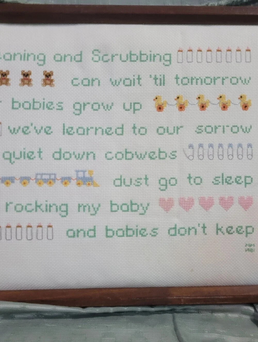 Vintage Framed Handmade Cross-Stitch Baby Lyrics Wall Art in Green and Pink